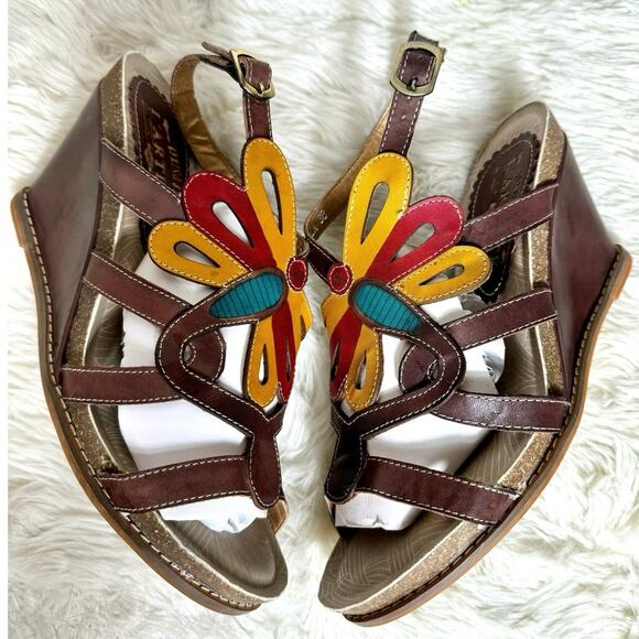 L’artiste Ronella Leather Strap Wedge Sandals‎ 38 US 8 flowers Bloomcore Travel - Picture 1 of 12